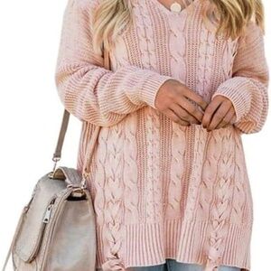 Pink Womens Pullover Sweaters, Plus Size, Cable Knit V Neck Lace Up Long Sleeve